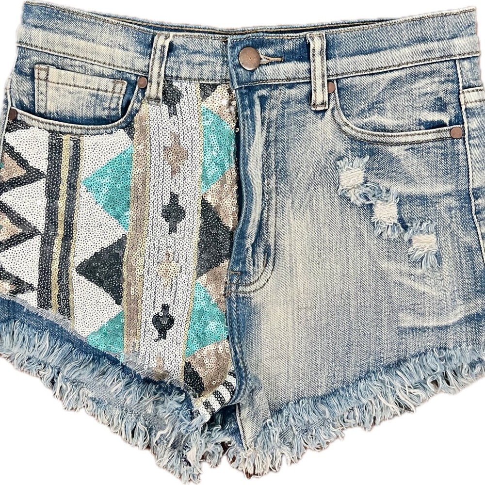 Sequin Patchwork Distressed Denim Shorts Aztec Bl… - image 2